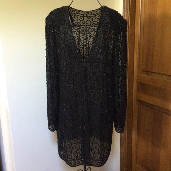 Vintage Jackets & Blazers - 80’s vintage silk beaded long jacket, size Large